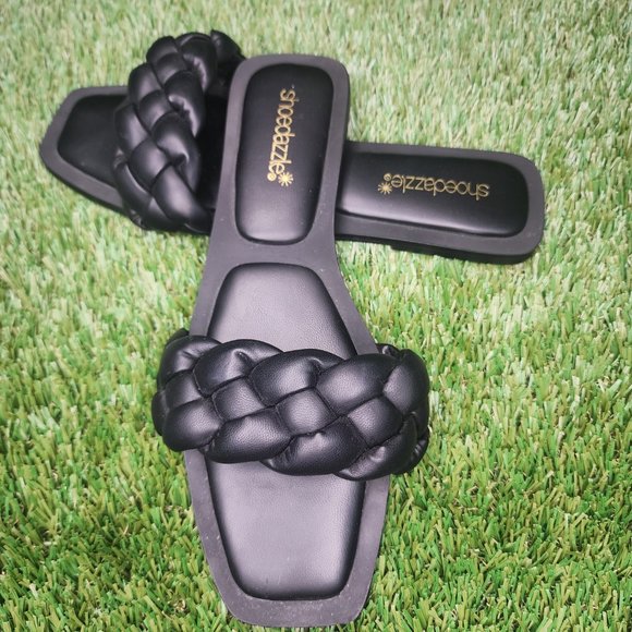 SHOE DAZZLE | Luxury Brand Inspired Black Faux Leather Flats Sandals - Picture 3 of 4